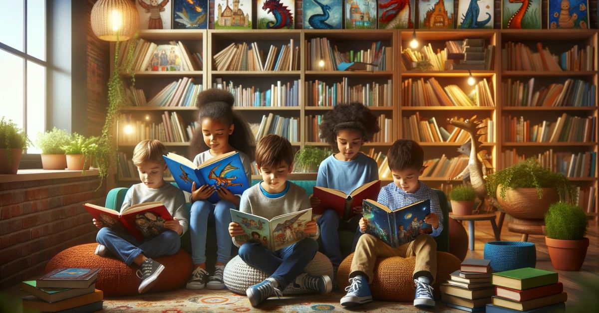 Børn læser i deres personlige børnebøger med navn